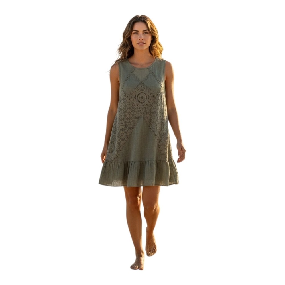 Umgee Women's L Sage Green Lace‎ Hippe Indie Cotton Blend Open Back Mini Dress